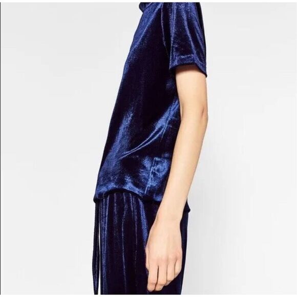 NWT Zara Women’s Blue Velvet High-Rise Straight-Leg Pants Large Dark Romantic - Picture 2 of 11
